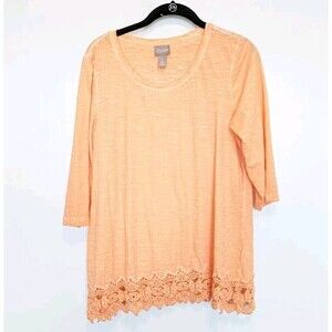 CHICOS Lace Hem Tunic Womens Size 1/Medium Orange‎ 3/4 Sleeve Breathable Top